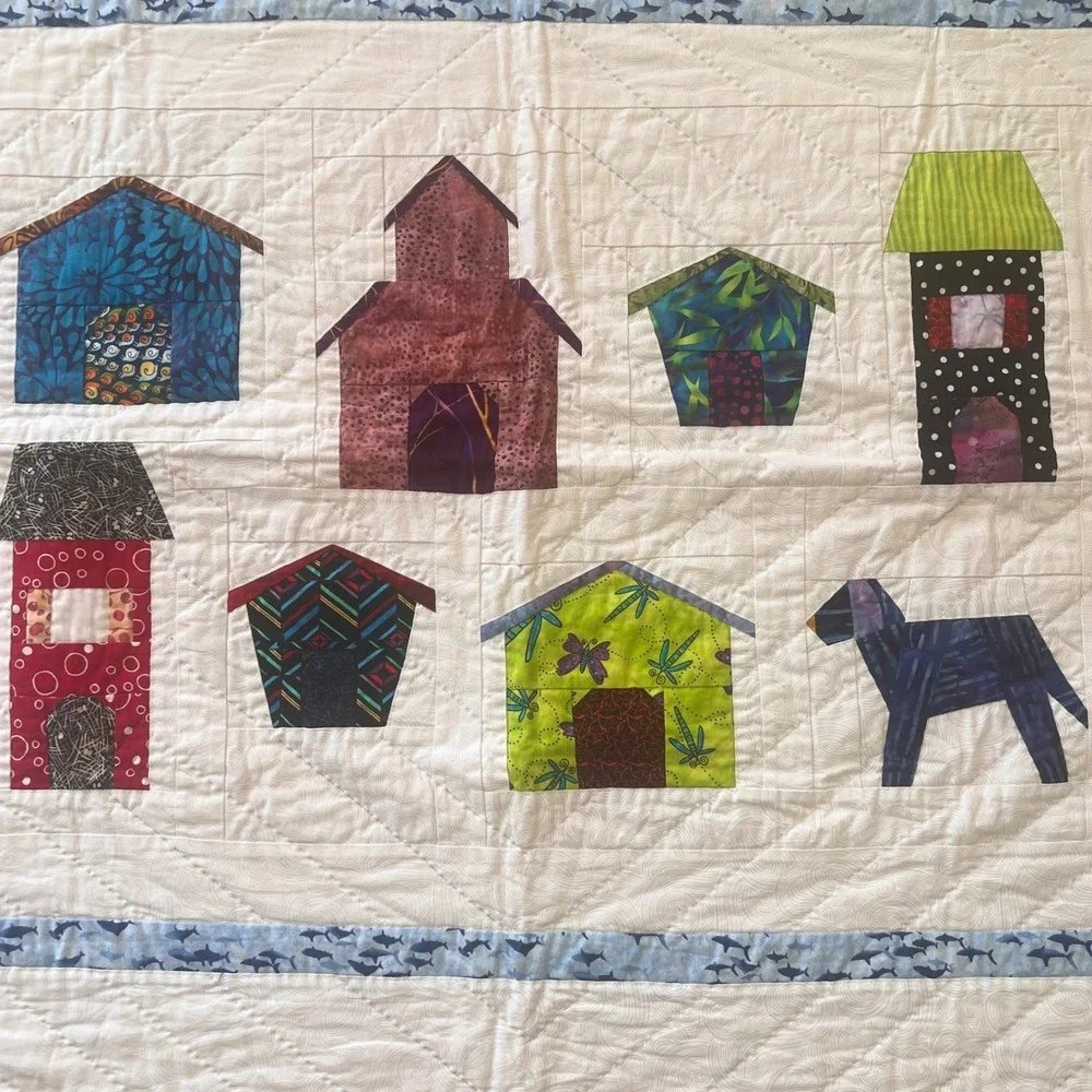 Handmade Quilted Wall Hanging Small Blanket Colorful Houses Dog Shark Border